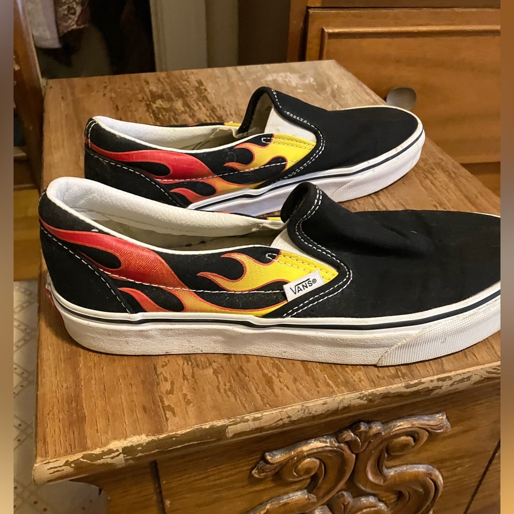 Vans Black Slip-On Shoes with Flame Design